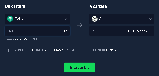 Stormgain Retiro. Cambio USDT a XLM