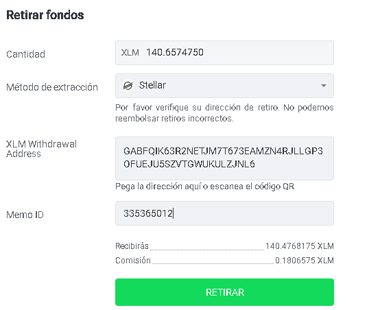 Retiro Stormgain. Retirar XLM Formulario Stormgain